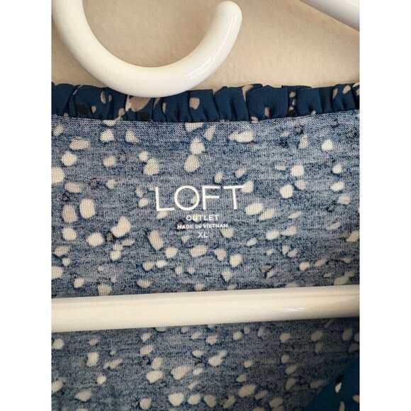 LOFT Blue Confetti Dot Long Sleeve Split Neck Smocked Casual Blouse Size XL - Picture 4 of 12